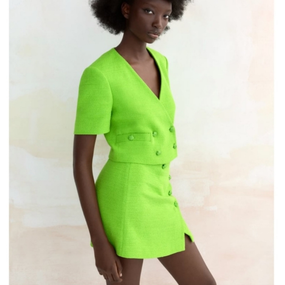 Zara Tweed Lime Highlighter Green Skirt Suit 2 Piece s